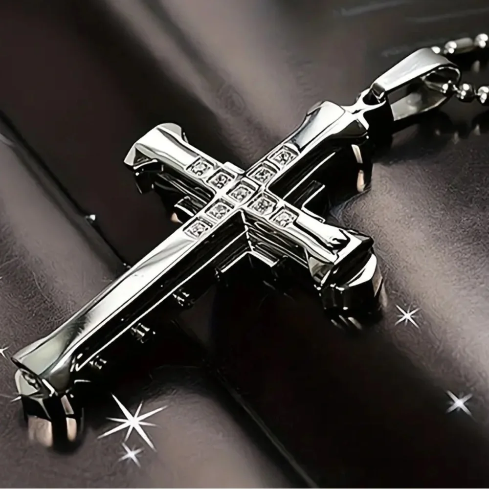 Large Titanium Steel Cross Pendant Diamond Necklace